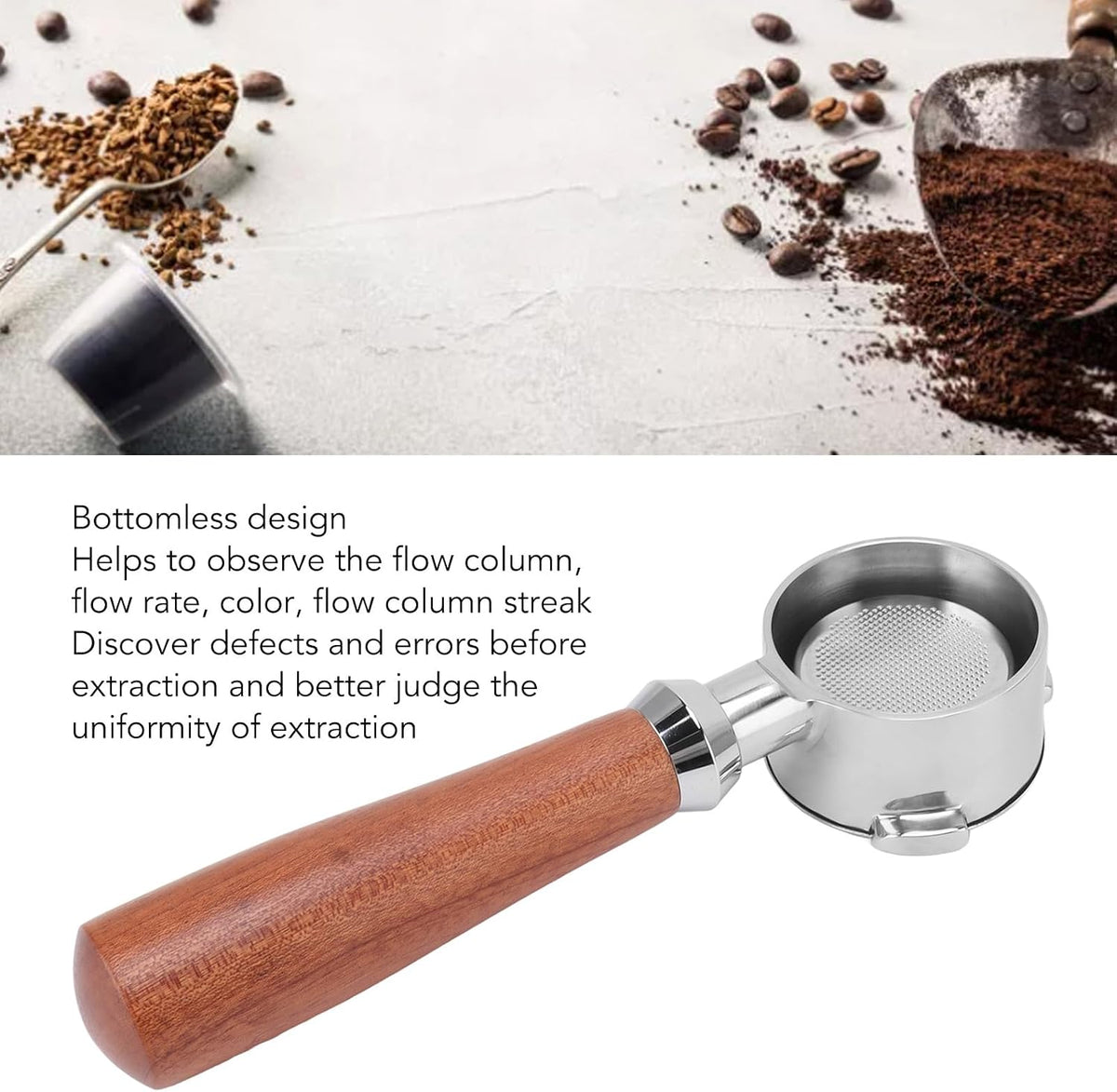 51mm Bottomless Portafilter – Stainless Steel Naked Filter with Wooden Handle